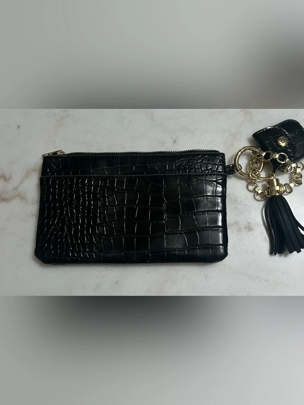 Nanette Lepore Black Patent Leather Croc Embossed Wristlet Gold Chain Accents